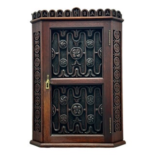 Outstanding Antique Beautifully Hand Carved Solid Mahogany Wall Hanging Corner Cabinet - Signed & Dated 1900 For Sale