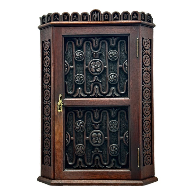 Outstanding Antique Beautifully Hand Carved Solid Mahogany Wall Hanging Corner Cabinet - Signed & Dated 1900 For Sale