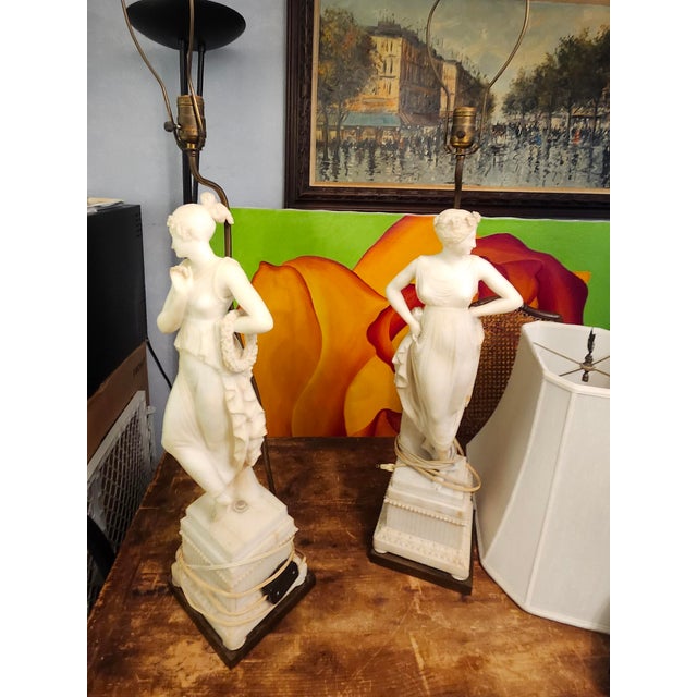 Extremely well carved figural Female table lamps, great detial in the Clothing, Hair, Floral ribbons, and Faces,, from...