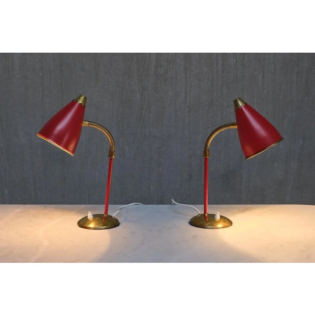 Vintage Norwegian Adjustable Table Lamps in Red Metal and Brass, 1960s, Set of 2 For Sale - Image 16 of 17