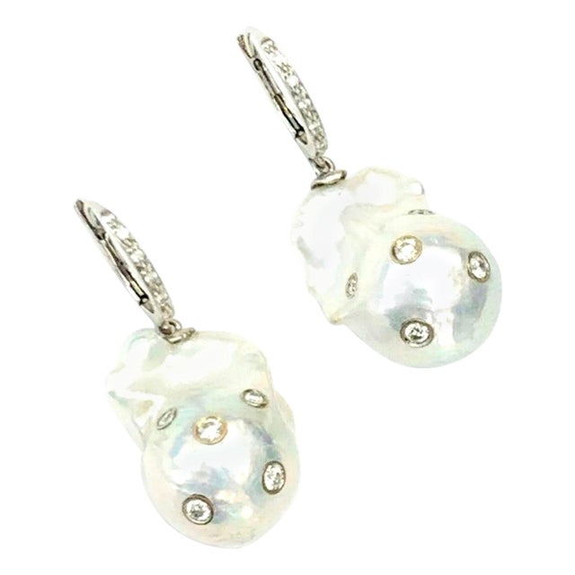 Diamond Fresh Water Pearl Earrings 14k Gold Large Certified For Sale
