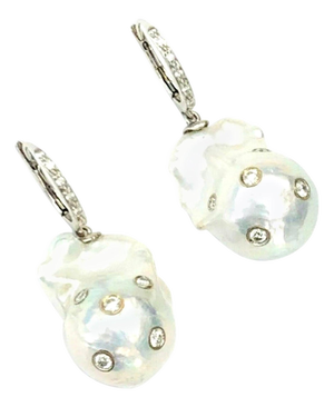 Diamond Fresh Water Pearl Earrings 14k Gold Large Certified