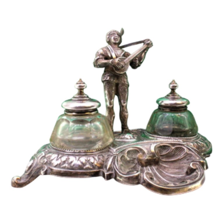 Shell-Shaped Silver Inkwell with Cut Glass Reservoirs, Troubadour and ...