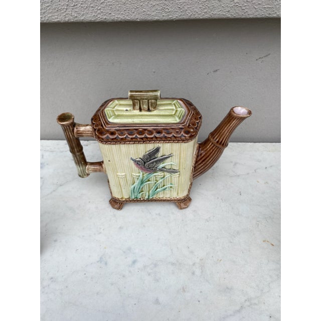 Victorian C. 1890English Majolica Tea Set Bamboo & Bird -Set of 3 For Sale - Image 3 of 11