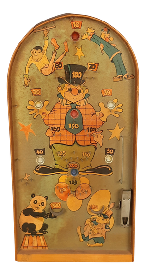 Antique Bagatelle Pinball Game in Wood and Metal with Circus Clown Theme, Early 1900s