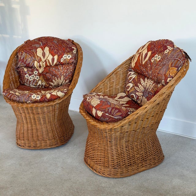 Pair of Mid-Century Woven Rattan Wicker Barrel Chairs With Cushions For Sale - Image 4 of 13