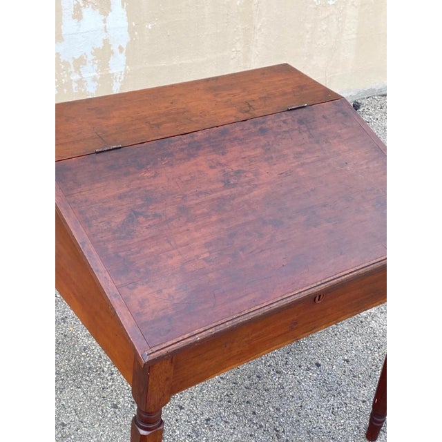English Antique Primitive Colonial Cherry Wood & Walnut Tall Schoolmasters Desk Table For Sale - Image 3 of 11