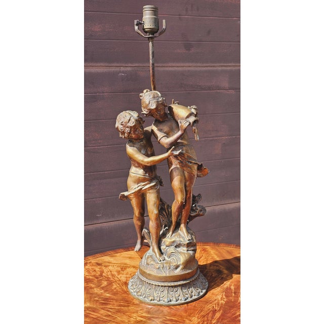Late 20th Century 1880s Gilt Metal Spelter Figural Sculpture of Two Children Table Lamp For Sale - Image 5 of 11