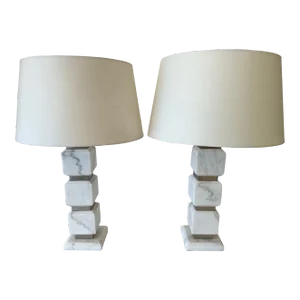 Modern Marble & Stainless Steel Cube Table Lamps -A Pair