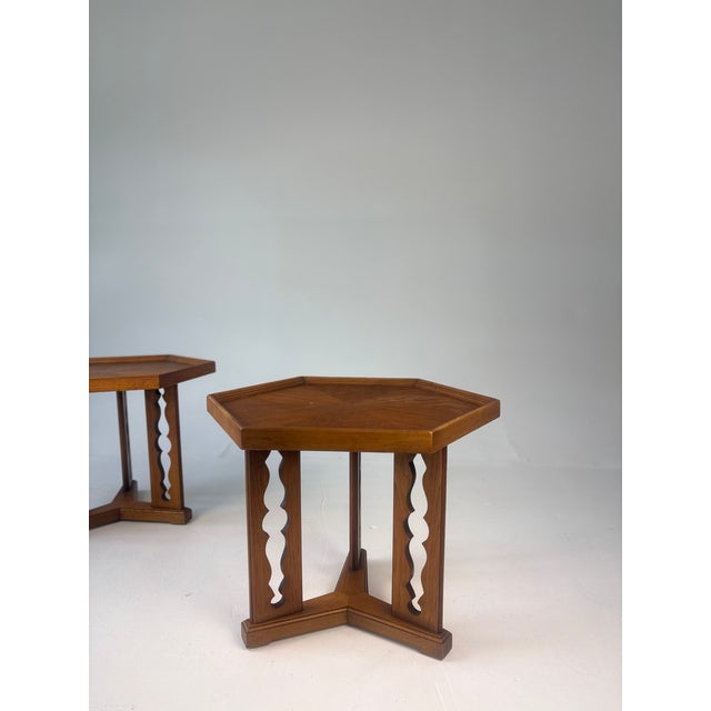 Part of Drexel Furniture’s iconic 1965 Esperanto collection, this pair of hexagonal side tables seamlessly combines Mid-...