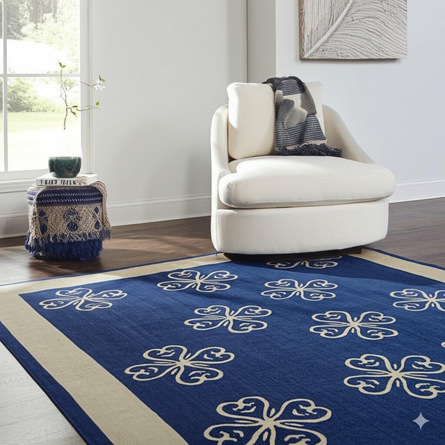 Textile 6x8 Handcrafted Exquisite Blue Floral Modern Flatweave Wool Carpet Rug For Sale - Image 7 of 7