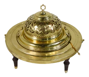 Vintage Moorish Footed & Pierced Brass Buffet Serving Dish With Spoon
