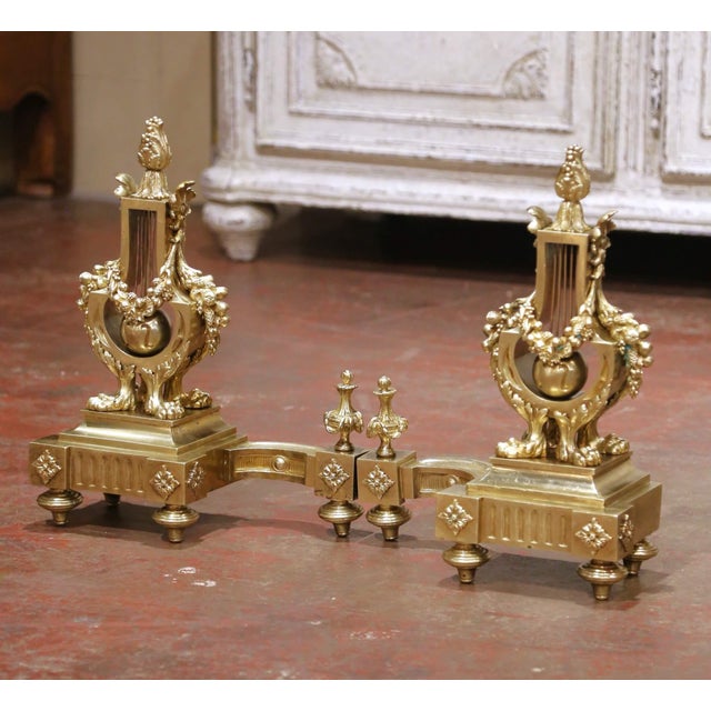 Pair of 19th Century French Louis XVI Bronze Lyre Form Chenets Andirons For Sale In Dallas - Image 6 of 10