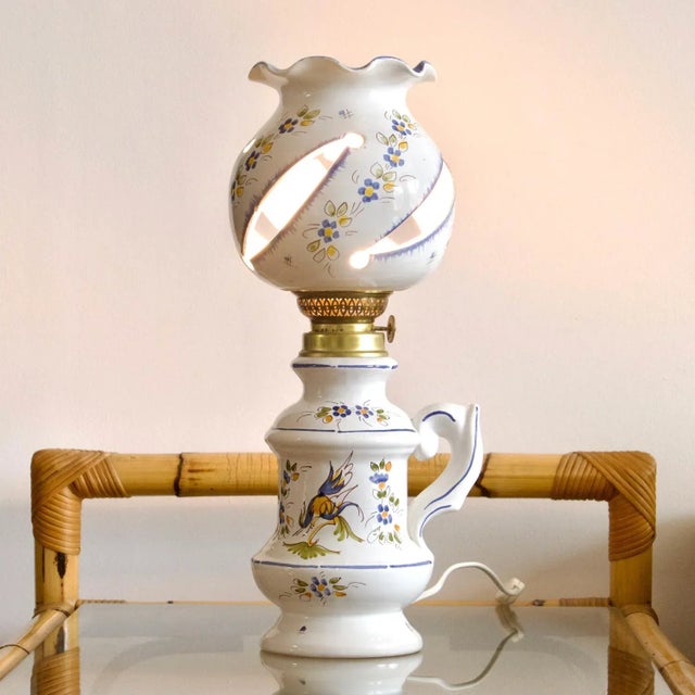 Large and pretty old artisanal earthenware lamp signed by Moustiers. Fashioned and painted by hand from an old...