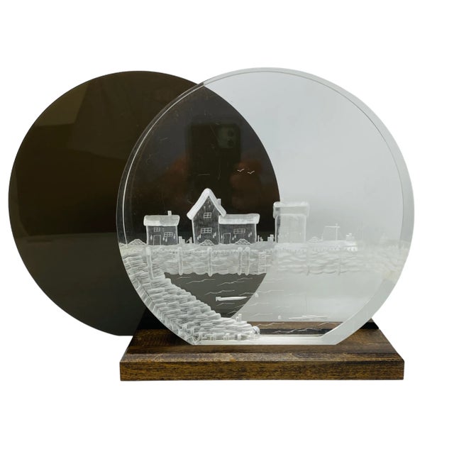 1978 Signed Ronald Fox Reverse Carved Lucite Fishing Village with Green background and Wood Stand. Amazing detail down to...