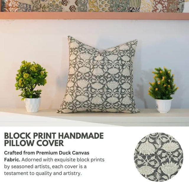 The Ulta Kamal cushion cover features a striking hand block printed design inspired by the symbolic lotus motif—presented...