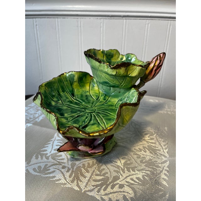 Art Nouveau 1990s Majolica Leaf & Tulip Candy Dish For Sale - Image 3 of 7