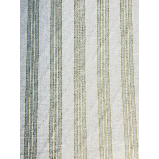 A versatile four-color, 100% linen warp stripe with a 2" horizontal repeat. The soft palette of light blue, gold, and...