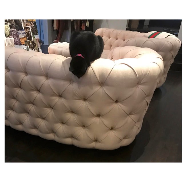 Pair of Vintage Tufted Curved Settees | Blush Pink Damask Chesterfield-Style Loveseats, Newly Reupholstered For Sale - Image 4 of 4
