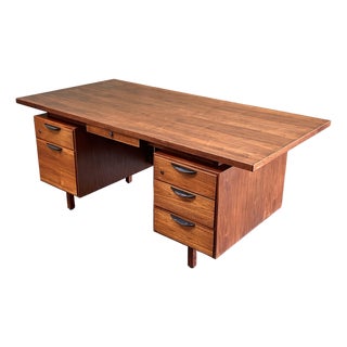 1960s Jens Risom 72” Executive Walnut Double Pedestal Desk W/Custon Center Drawer, Restored Top For Sale