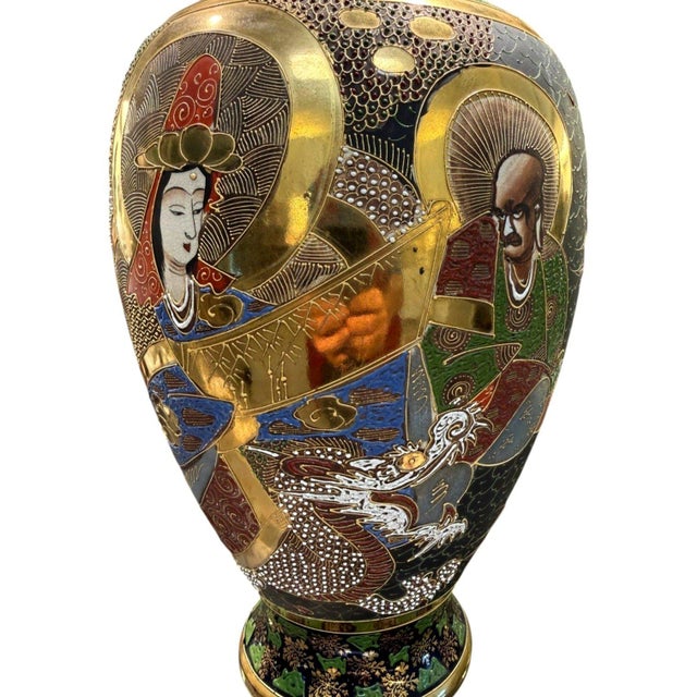 Black Vintage Japanese Satsuma Moriage Dragon Buddhist Figures Vase 14.5" For Sale - Image 8 of 10