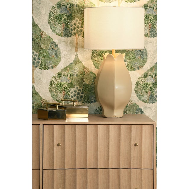 Contemporary Matthew Izzo Home Mae Beige Glaze Ceramic Table Lamp With Brass Accents and Shade For Sale - Image 3 of 6