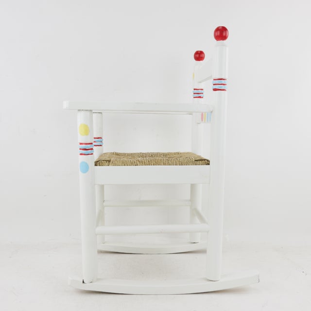 Lovely Hand-Painted Children's Rocking Chair With Hand-Woven Reed Seat Cushions For Sale In New York - Image 6 of 12