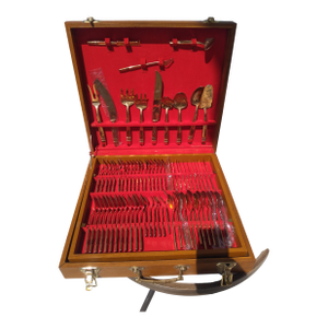 Late 20th Century Thai Nickel Bronze Flatware In Teak Case- 144 Pieces