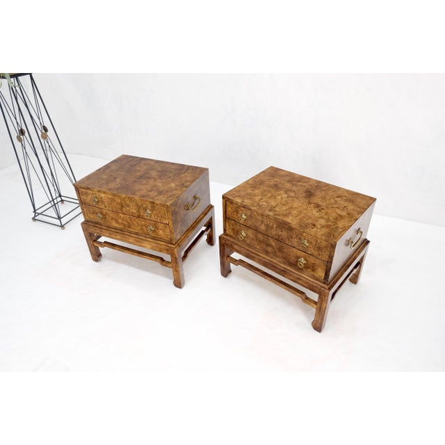 Brown Pair of Burl Asian Campaign Fusion 2 Drawer Night Stands End Table Brass Pulls For Sale - Image 8 of 15