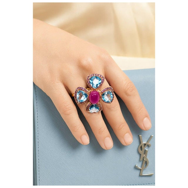 Bochic "Capri" Vintage Ruby, Amethyst & Blue Topaz Ring Set In 18K Gold & Silver For Sale - Image 15 of 18