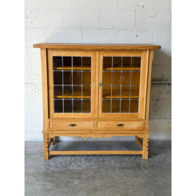 In Style of Henning Kjærnulf Oak Glass Cabinet With Leaded Doors Vintage Danish Mid-Century Modern 1960s For Sale - Image 10 of 10