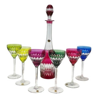 Colored Cut-to Clear Crystal Wine Set from Val Saint Lambert, Set of 7 For Sale