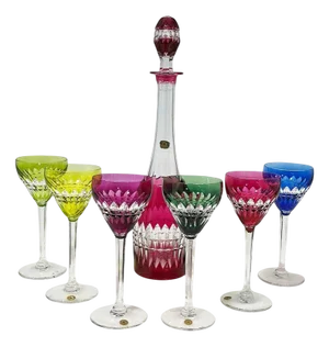 Colored Cut-to Clear Crystal Wine Set from Val Saint Lambert, Set of 7