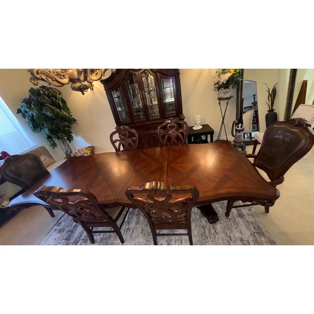 Solid Wood Double-Pedestal Dining Table Set With 6 Carved Chairs – European Traditional Luxury For Sale - Image 11 of 12