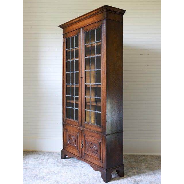 Antique English Oak Leaded Glass Bookcase, Cabinet For Sale - Image 4 of 10