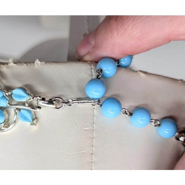 Vintage Signed Kramer Blue Flowers & Clear Rhinestone Necklace, Vogue 1955 For Sale - Image 9 of 11