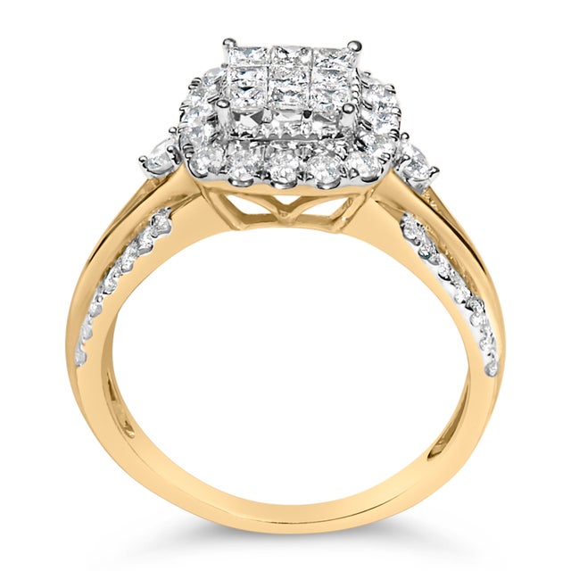 Early 21st Century 10K Yellow Gold 1.0 Cttw Diamond Composite Cushion-Shape Halo 3-Band-Look Engagement Ring (H-I Color, SI1-SI2 Clarity) - Size 7 For Sale - Image 5 of 7