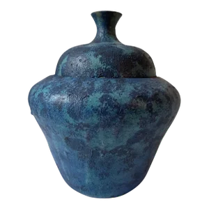 Vintage Textured Marbeled Blue Glaze Pottery Stoneware Lidded Vessel, Signed