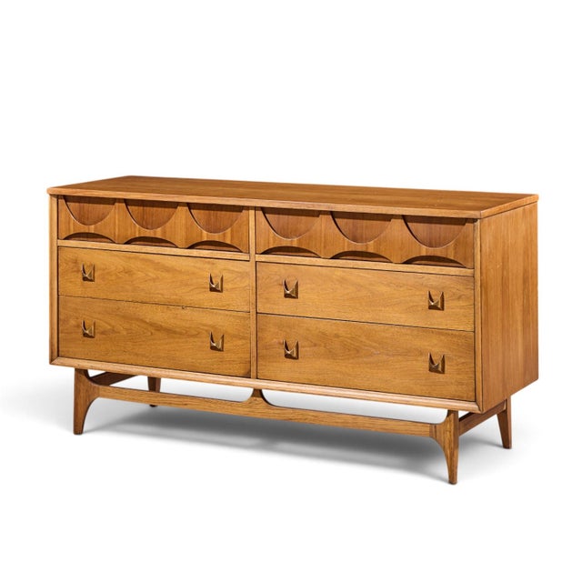 Mid-Century Modern Broyhill Brasilia Mid Century Walnut and Brass 6-Drawer Lowboy Dresser For Sale - Image 3 of 9