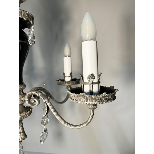 Antique Five-Arm Metal, Black Glass and Crystal Chandelier For Sale In Philadelphia - Image 6 of 15