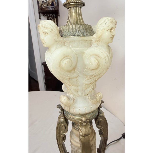 Alabaster Large Antique Ornate Hand Carved Figural Alabaster Cast Iron Electric Table Lamp For Sale - Image 8 of 13