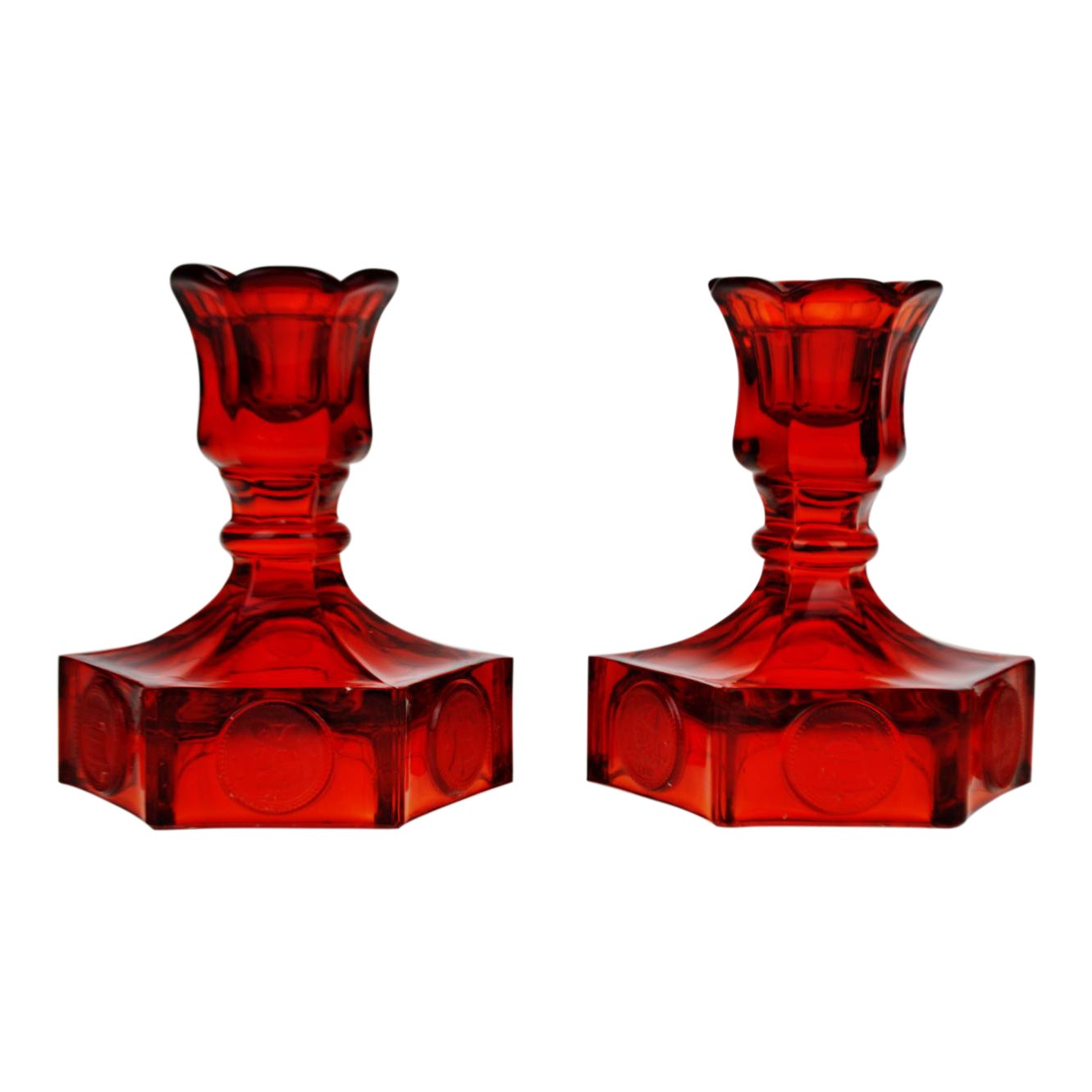 Vintage Fostoria Ruby Red Coin Glass Candlesticks A Pair Chairish