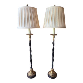 Vintage Tall Slender Dark Bronze Metal Beaded Pleated Cream Shades Buffet Table Lamps by Decorative Crafts- a Pair For Sale