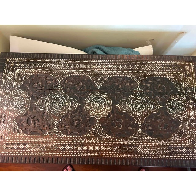 Mid 20th Century Vintage Mother-of-Pearl Inlay Carved Wood Chest For Sale - Image 5 of 5