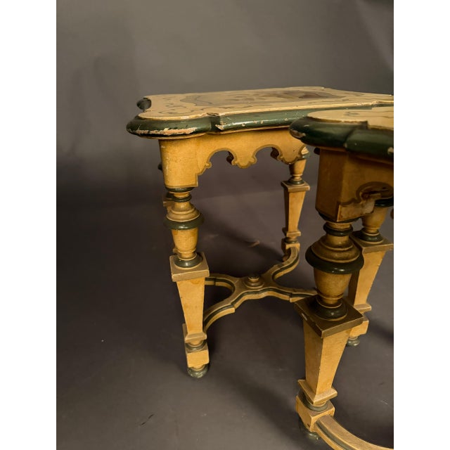 Early 20th Century Pair of French Louis XVI Style Polychrome Side Tables With Painted Country Manor Tops, Circa 1920 For Sale - Image 5 of 12