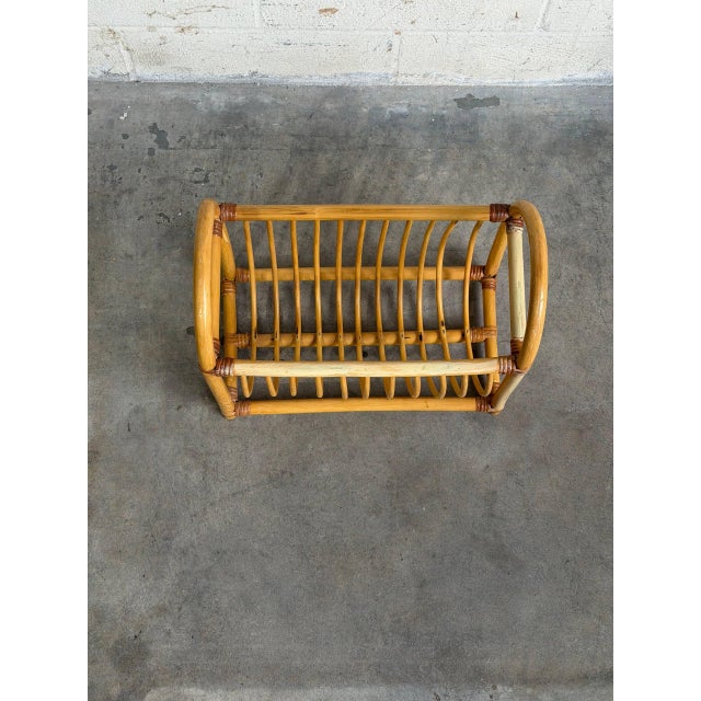 Vintage Rattan Magazine Rack Newspaper Holder Boho Wicker Mid Century Stand For Sale - Image 9 of 10