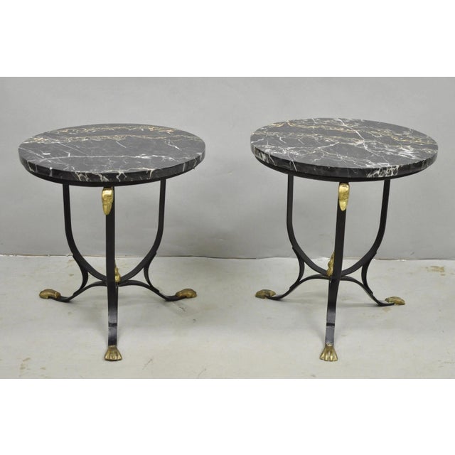 Mid 20th Century Italian Regency Round Marble Top Wrought Iron Brass Swan Low Drink Table - Pair For Sale - Image 16 of 16