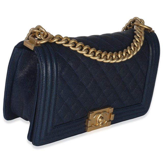 Traditional Navy Quilted Caviar Old Medium Boy Handbag For Sale - Image 3 of 8