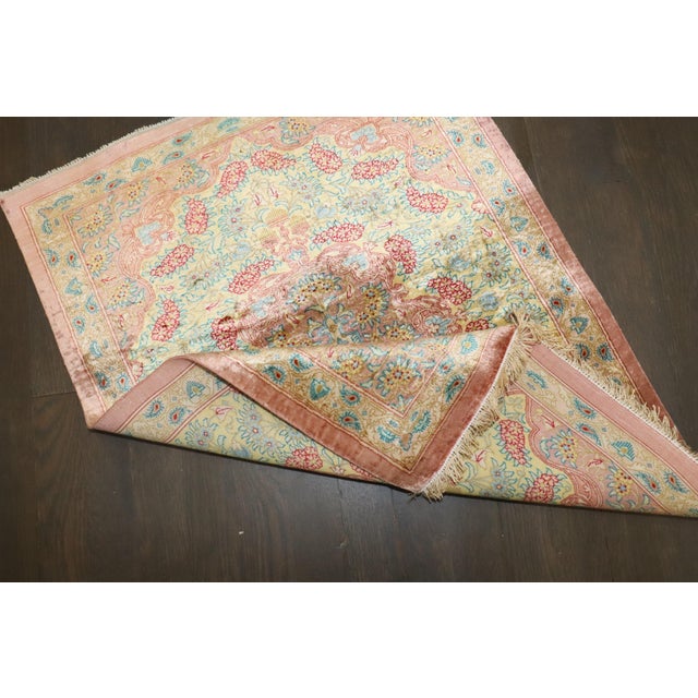 Vintage Zabihi Collection Botanical Silk Persian Qum Mini Rug - 2' x 2'7" For Sale In New York - Image 6 of 9