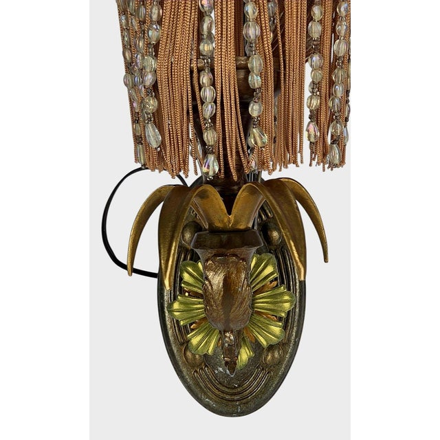 Metal 1970s Hollywood Regency Italian Gilt Torchère Wall Sconces With Beaded Fringe Shades - a Pair For Sale - Image 7 of 11
